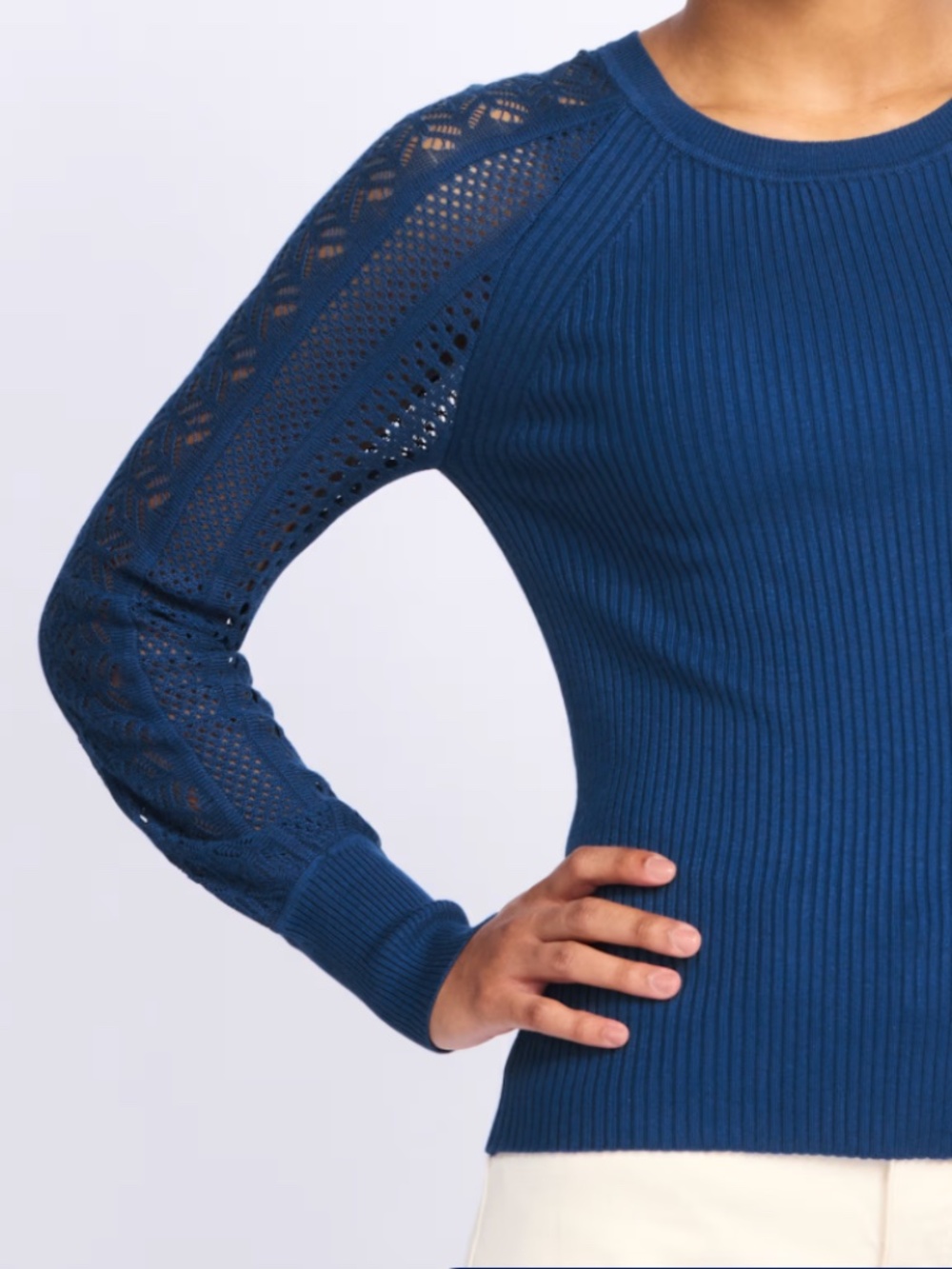 Design History Royal Blue Ribbed Knit Top with Lace Long Sleeves